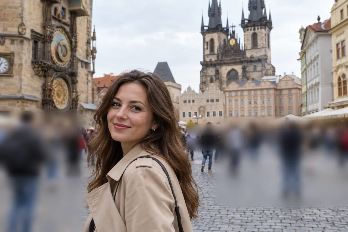 The same photo with the tourists behind her blurred and the woman still sharp