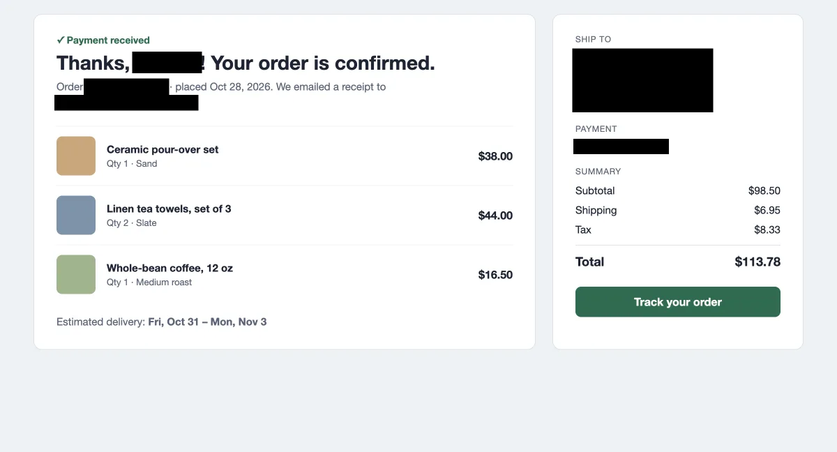 The same screenshot with the name, order number, email, address and card line under black boxes