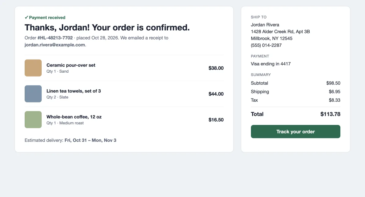 A made-up order confirmation screenshot showing a name, order number, email, shipping address and card ending