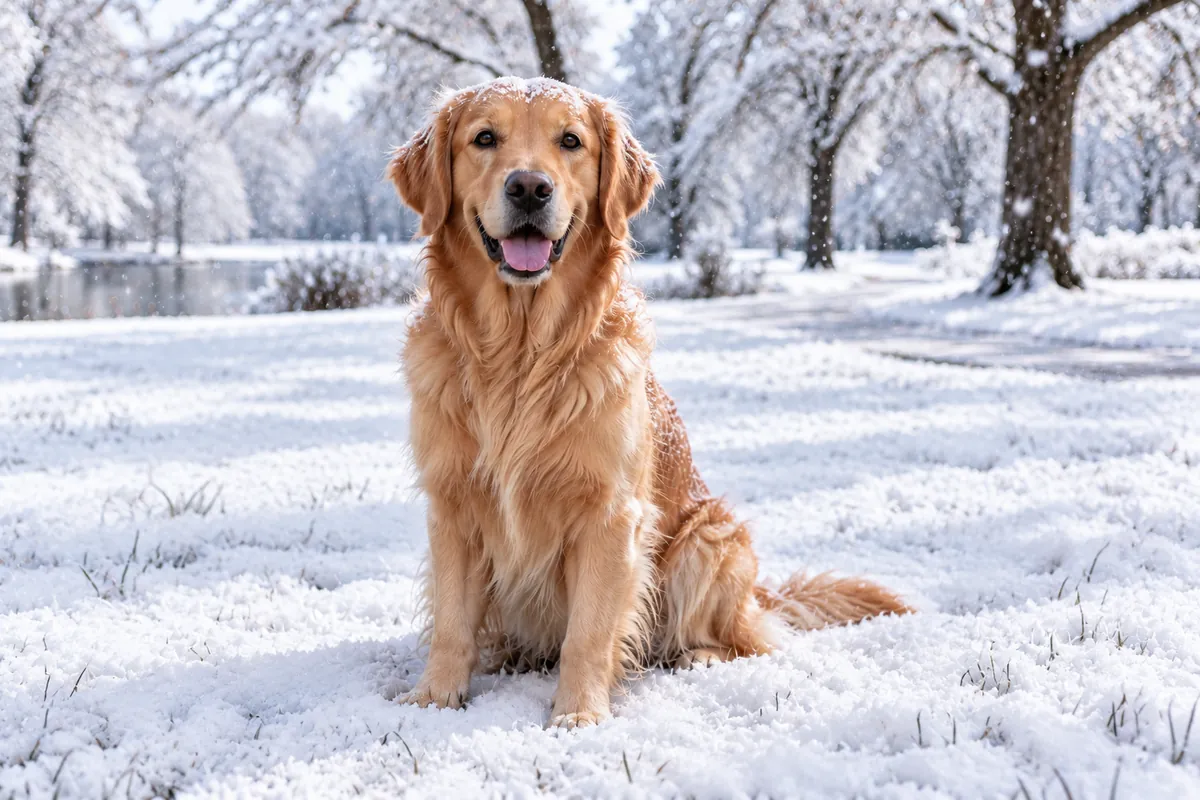 Golden retriever sitting in a snowy park