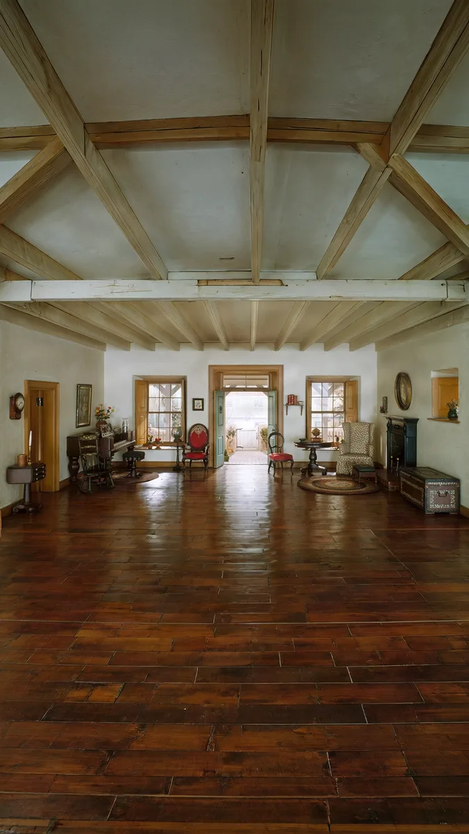 The living room in 9:16, with a new beamed ceiling and more floor; the new beams run diagonally