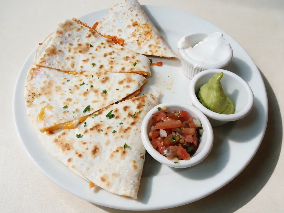 La stessa quesadilla con le salse su un tavolo color crema pulito, in una luce naturale più chiara