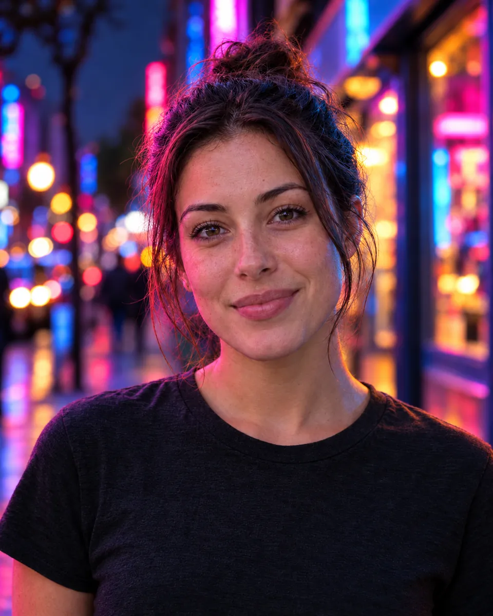 Portrait lit by pink and blue neon signs