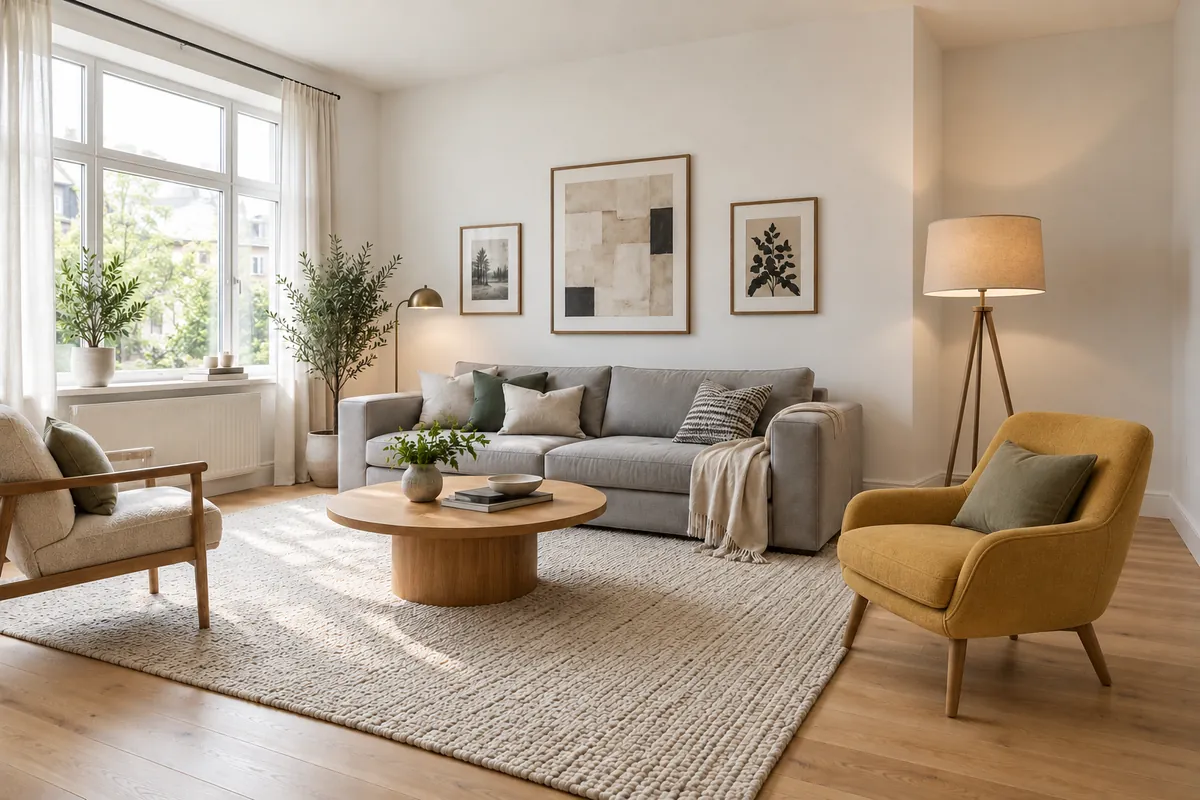 Living room with a new yellow armchair and floor lamp in the corner